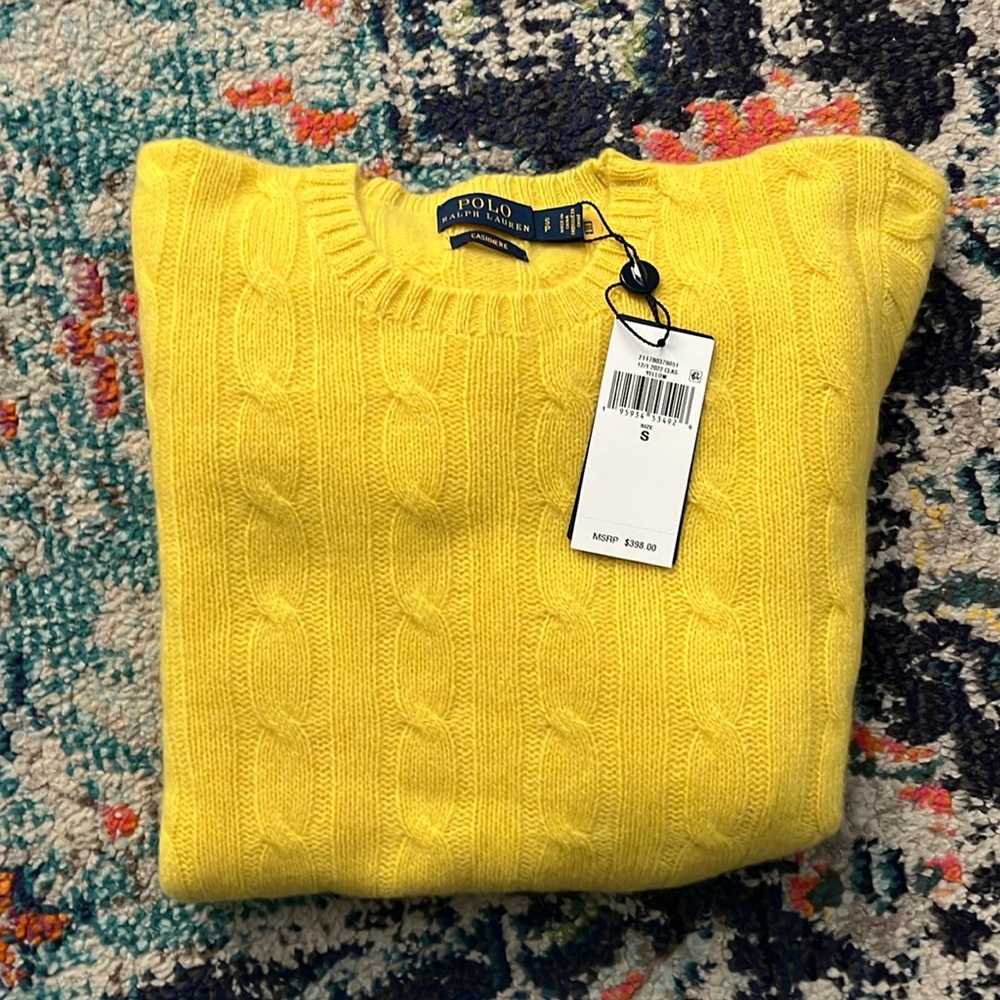 NWT Polo Ralph Lauren Cable Cashmere Sweater Yellow Size Small